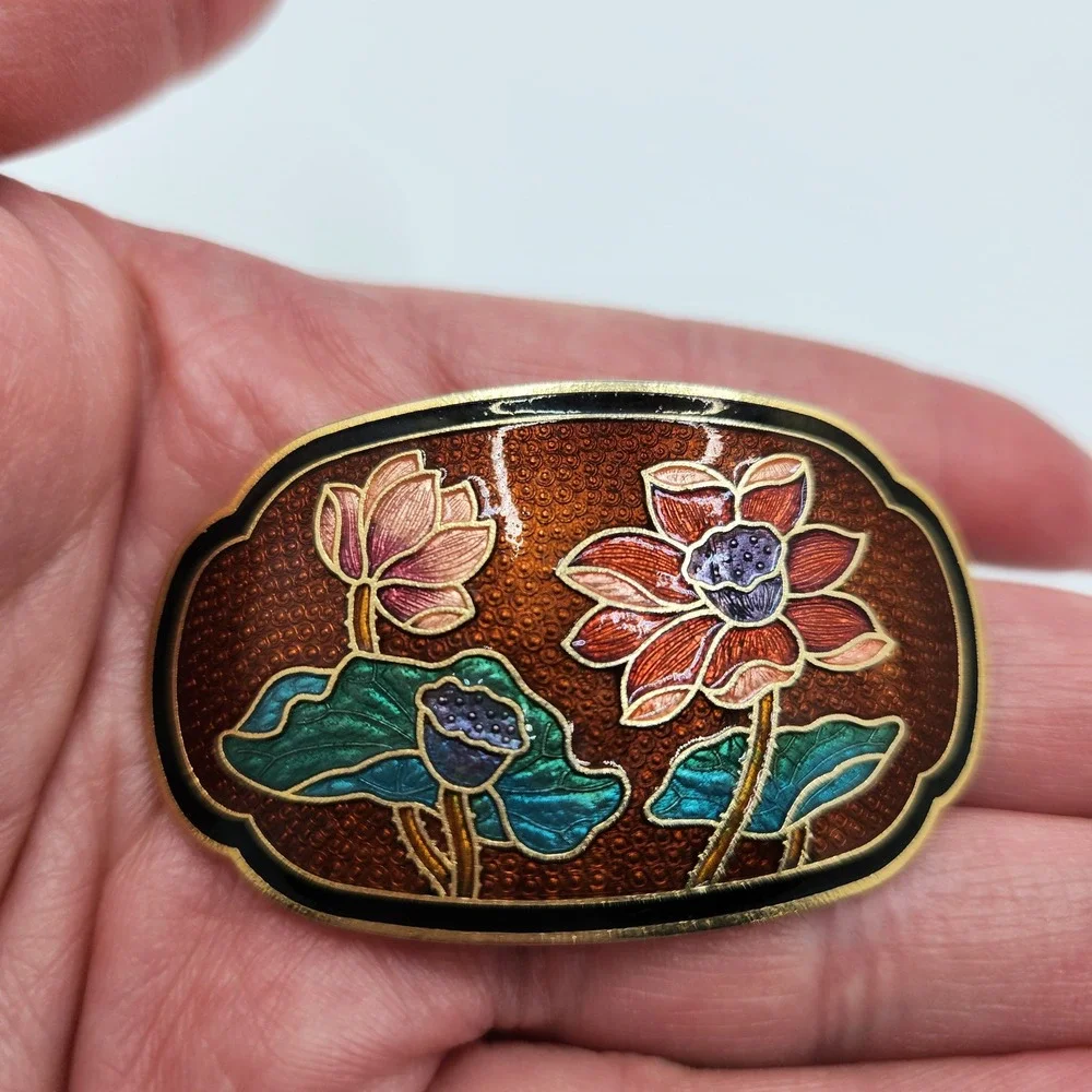 Vintage Cloisonne Lotus Flower Scarf Slide Clip Enamel Gold Tone Floral Oval‎
